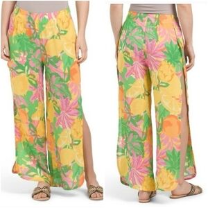 Tropical Wide-Leg Floral Split-Side Pants in Yellow & Green